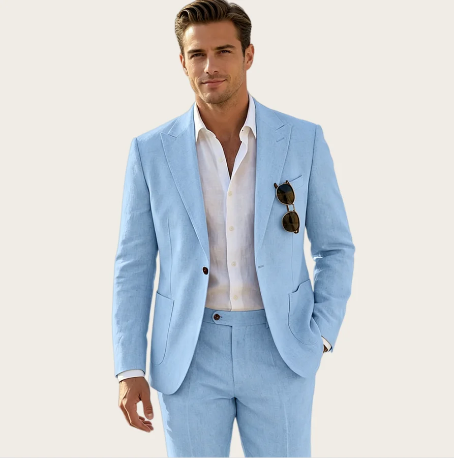 Mophiel Sky Blue Men's Suit Wedding Groom Linen Tuxedo 2 Pcs Summer Set Peaked Lapel Blazer Single Breasted Business Jacket+Pant
Mophiel Sky Blue Men's Suit Wedding Groom Linen Tuxedo 2 Pcs Summer Set Peaked Lapel Blazer Single Breasted Business Jacket+Pant