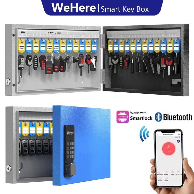 Разблокировка удаленной авторизации WeHere Smart Lock Box, настенное крепление для шкафа для хранения на 24 ключа, OTP/APP Bluetooth/WiFi/код/ключ разблокировки 
Разблокировка удаленной авторизации WeHere Smart Lock Box, настенное крепление для шкафа для хранения на 24 ключа, OTP/APP Bluetooth/WiFi/код/ключ разблокировки
