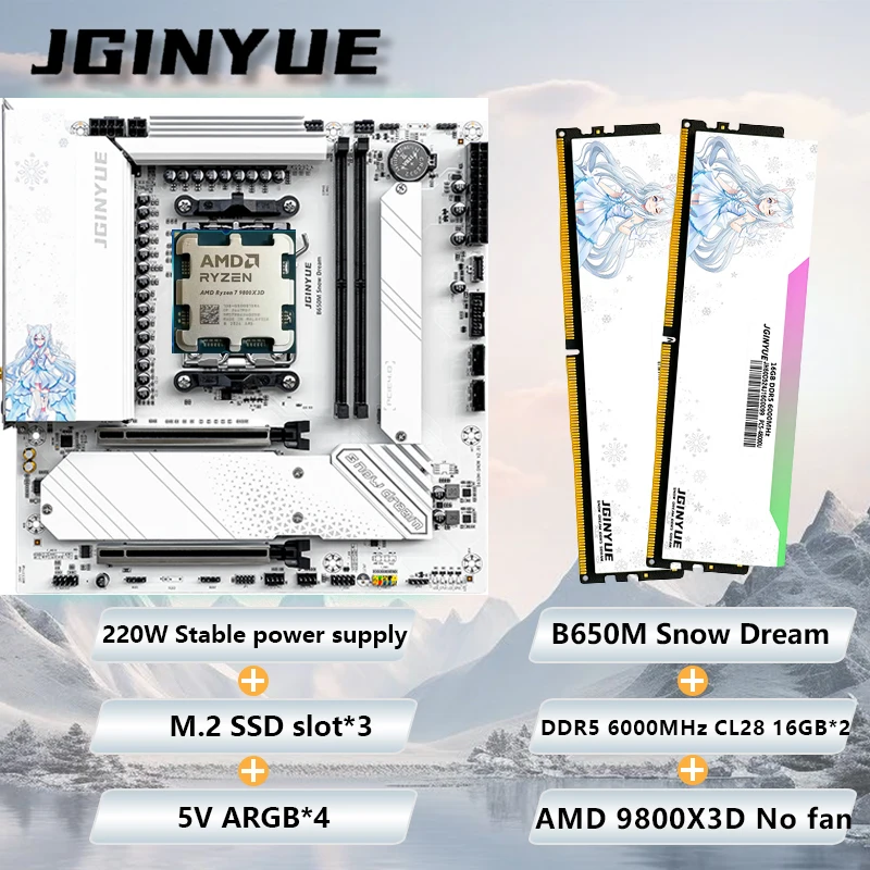 JGINYUE B650 Snow Dream WiFi Motherboard AM5 Ryzen7 9800X3D DDR5 16GB*2 CL28 RAM kit Hynix Adie chip combo DIY couple by nature
JGINYUE B650 Snow Dream WiFi Motherboard AM5 Ryzen7 9800X3D DDR5 16GB*2 CL28 RAM kit Hynix Adie chip combo DIY couple by nature