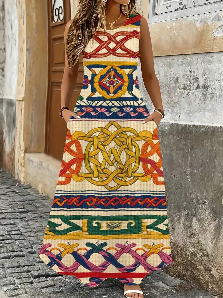 Sleeveless Maxi Dress Multicolor Geometric Bohemian Print Summer Beach Vacation Wear
Sleeveless Maxi Dress Multicolor Geometric Bohemian Print Summer Beach Vacation Wear