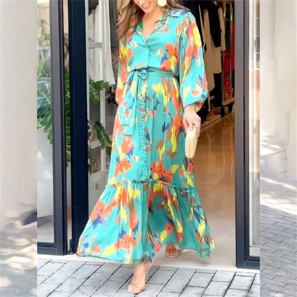 2023 Autumn Print Green Shirt Dress for Women Elegant Long Sleeve Turn-down Collar A-line Belt Patchwork Maxi Dresses
2023 Autumn Print Green Shirt Dress for Women Elegant Long Sleeve Turn-down Collar A-line Belt Patchwork Maxi Dresses