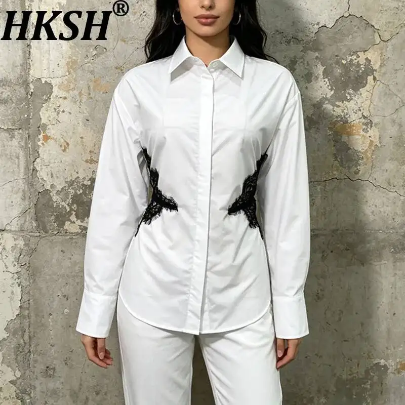 HKSH Women Shirt Lace Patchwork Contrast Color Turn-down Collar Single Breasted Long Sleeves Waist Cinching Elegant Tops HK23452
HKSH Women Shirt Lace Patchwork Contrast Color Turn-down Collar Single Breasted Long Sleeves Waist Cinching Elegant Tops HK23452