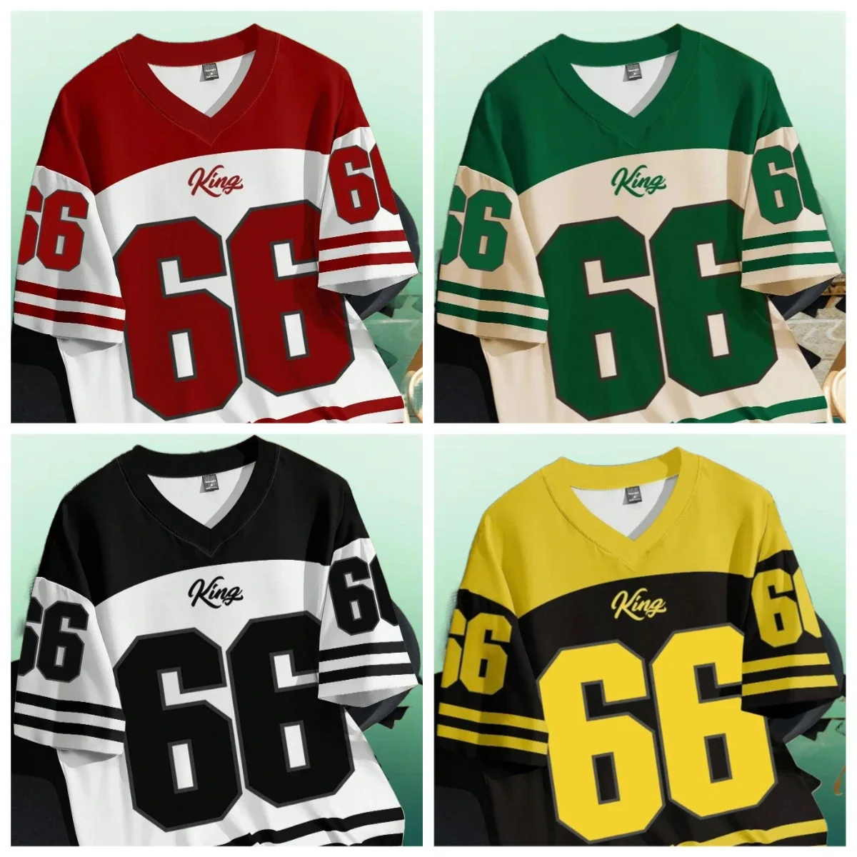 Mens Number 66 Letter KING Print T-Shirt Man Short Sleeve Sportwear Football T-Shirt Vintage Oversize Striped Tees Men Clothes
Mens Number 66 Letter KING Print T-Shirt Man Short Sleeve Sportwear Football T-Shirt Vintage Oversize Striped Tees Men Clothes
