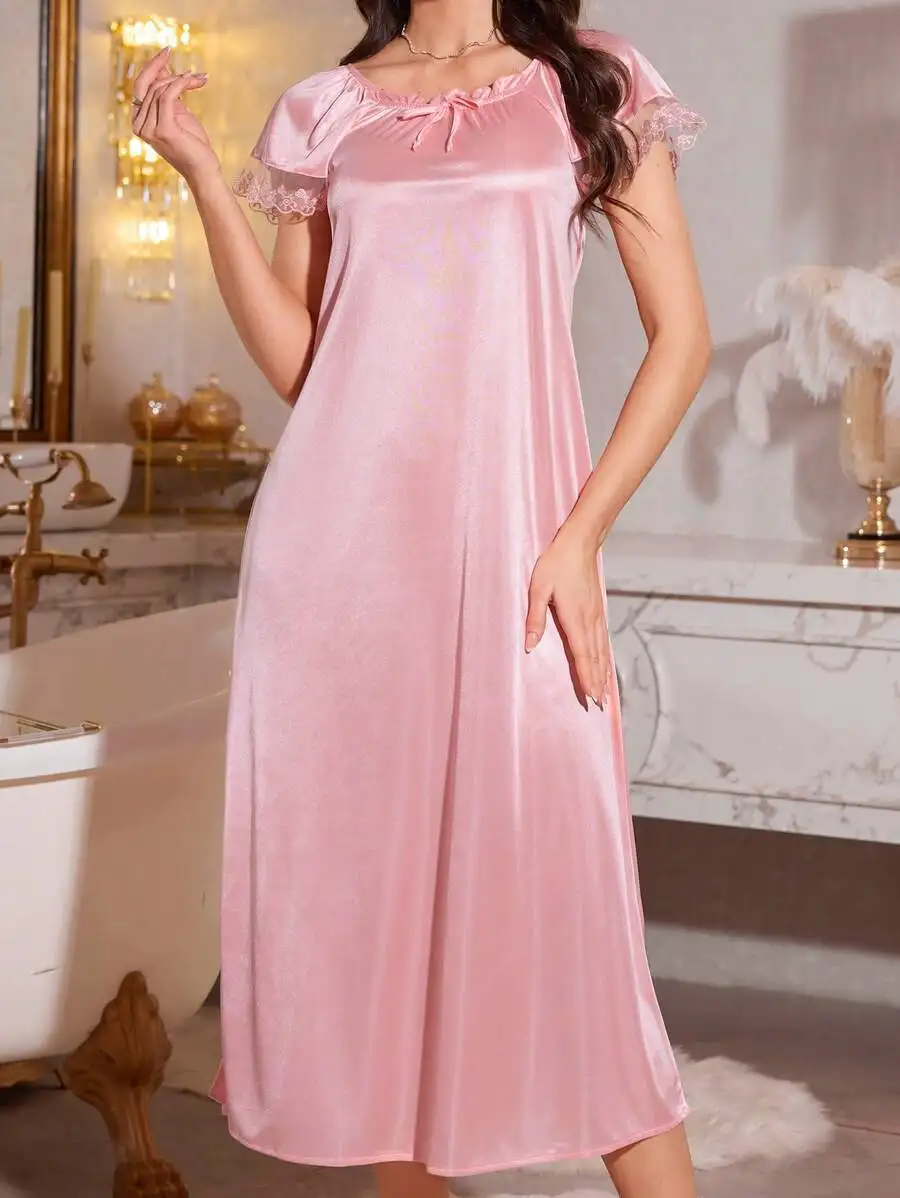 Pink Lace Trimmed Satin Nightgown With Bow Neck Short Sleeve Sleep Dress
Pink Lace Trimmed Satin Nightgown With Bow Neck Short Sleeve Sleep Dress