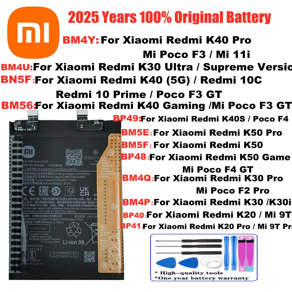 New Original Battery For Xiaomi Redmi K20 K30 K40 Pro K30i / K30 Ultra K40S K40 K50 Gaming 10C Mi 11i 9T Pro Poco F3 F4 F2 Pro
New Original Battery For Xiaomi Redmi K20 K30 K40 Pro K30i / K30 Ultra K40S K40 K50 Gaming 10C Mi 11i 9T Pro Poco F3 F4 F2 Pro
