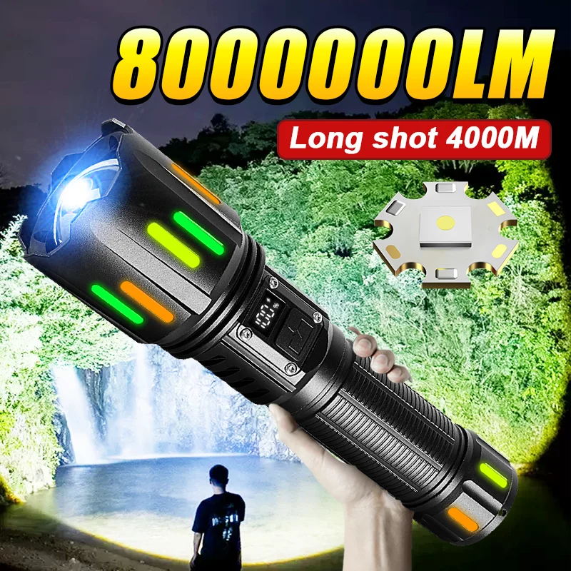 8000000LM Strong Light Flashlight Most Powerful LED Torch 800W Super Bright Flashlights Type C Rechargeable Lamp Long Shot Torch
8000000LM Strong Light Flashlight Most Powerful LED Torch 800W Super Bright Flashlights Type C Rechargeable Lamp Long Shot Torch