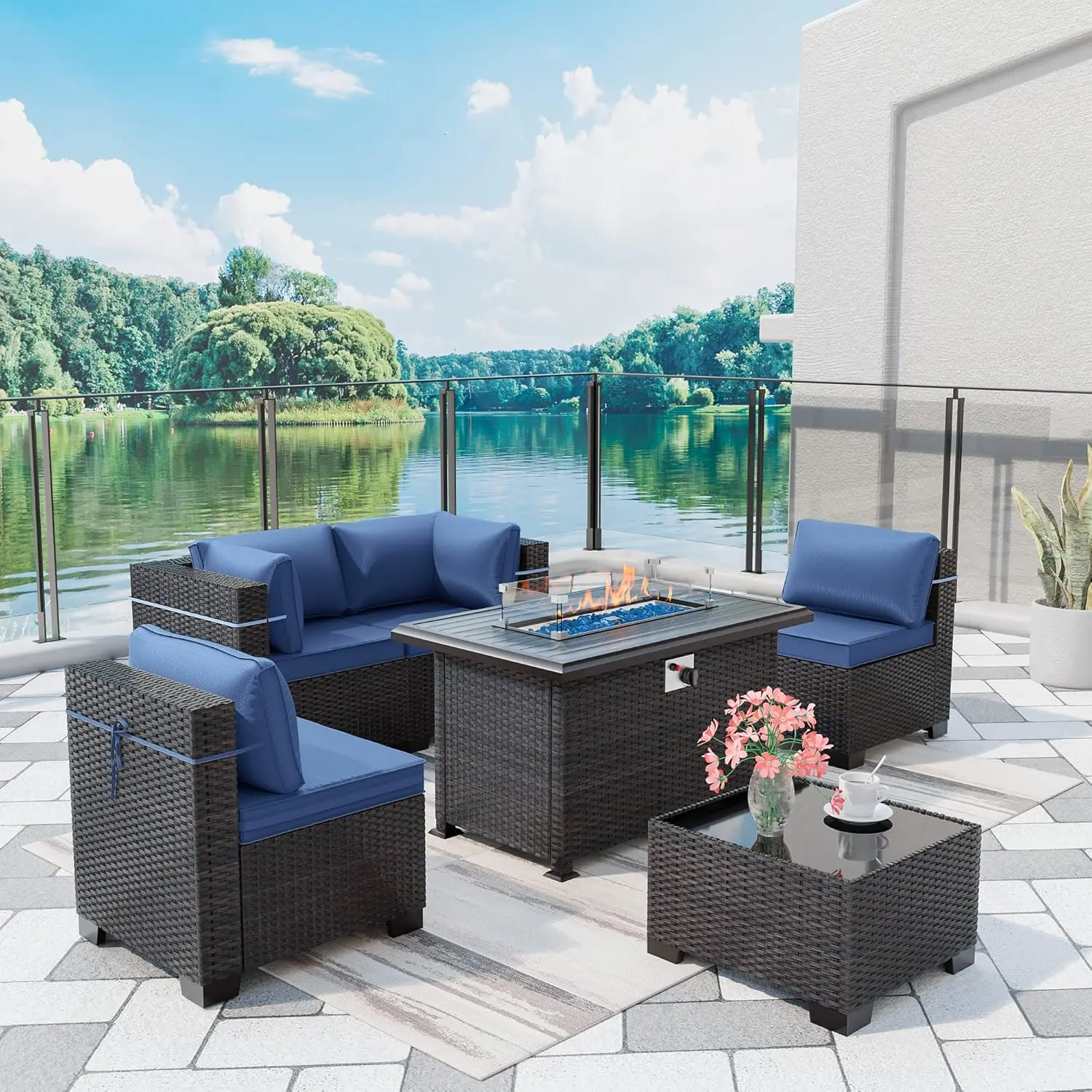 6 Piece PE Rattan Outdoor Sectional Sofa Set Fire Pit Table 43in Propane Gas Firepit Coffee Table Patio Dark Blue, Customized
6 Piece PE Rattan Outdoor Sectional Sofa Set Fire Pit Table 43in Propane Gas Firepit Coffee Table Patio Dark Blue, Customized