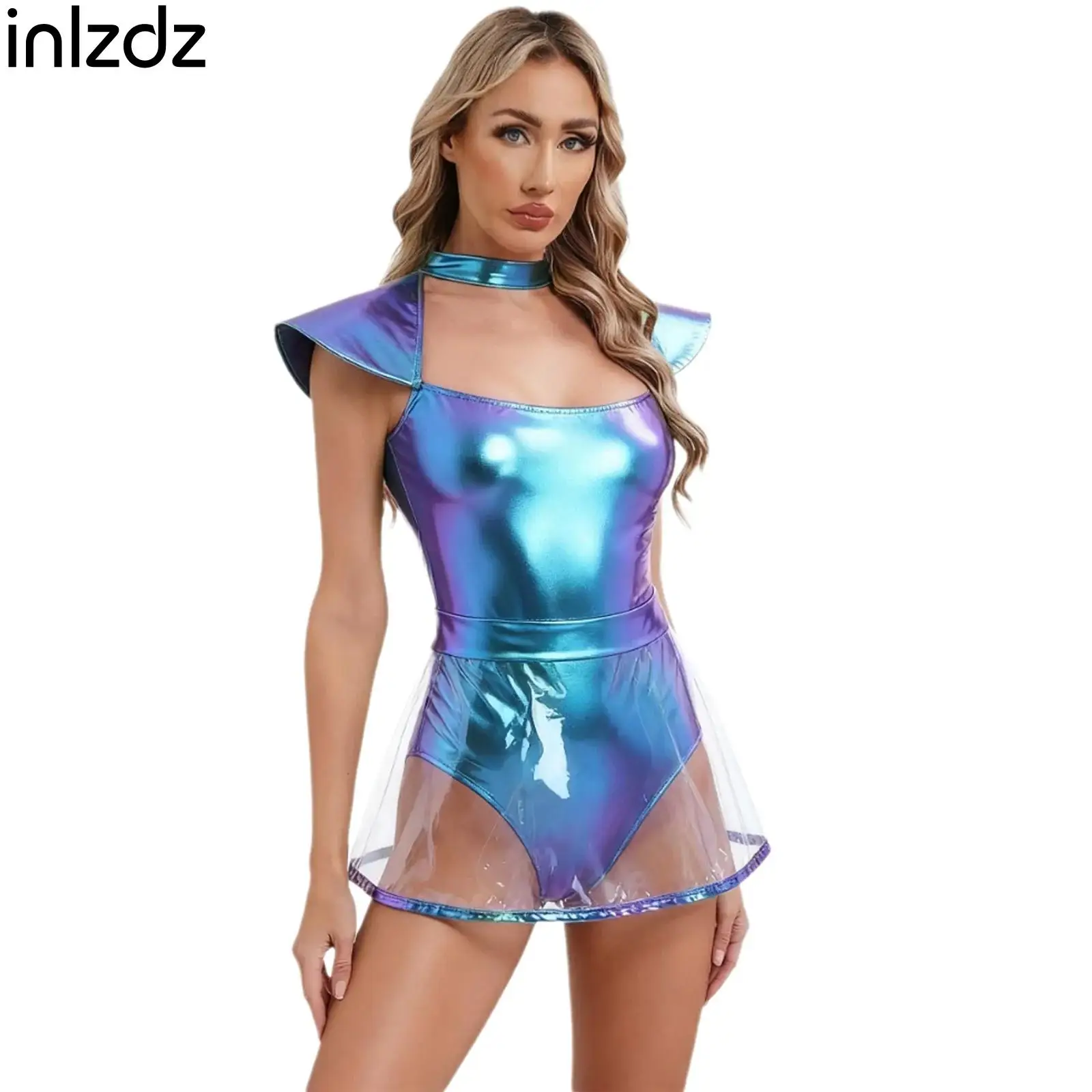Womens Space Alien Role Play Costume Carnivals Halloween Carnival Cosplay Performance Costume Fly Sleeve Leotard with PVC Skirts
Womens Space Alien Role Play Costume Carnivals Halloween Carnival Cosplay Performance Costume Fly Sleeve Leotard with PVC Skirts
