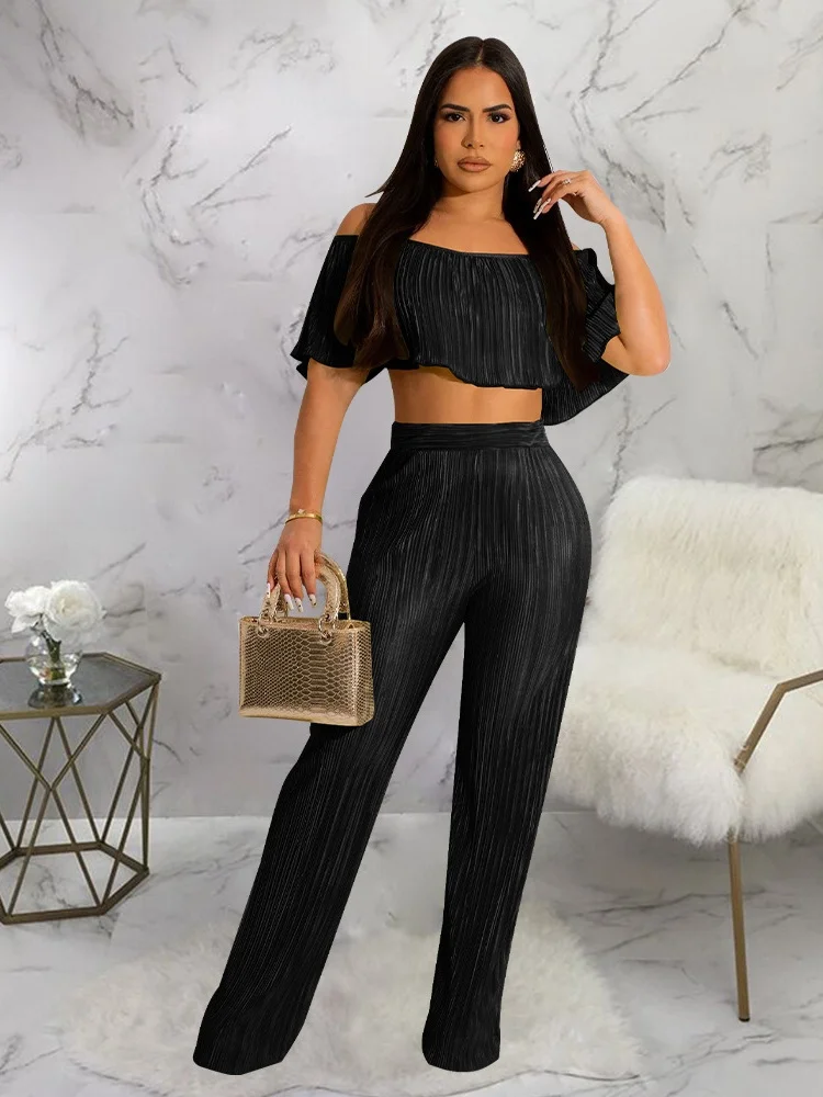 Three Sisters Summer Woman Best Solid Color Pleated Ruffle Off Shoulder Short Top Wide Leg Pants Two Piece Suit Street Casual
Three Sisters Summer Woman Best Solid Color Pleated Ruffle Off Shoulder Short Top Wide Leg Pants Two Piece Suit Street Casual