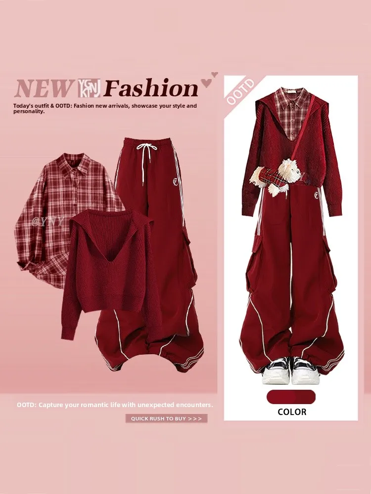 Korean Casual Red Hoodie Plaid Shirt Wide Leg Pants Three Piece Set Women's Fashionable New Year's Outfit Long Sleeve Knitwear
Korean Casual Red Hoodie Plaid Shirt Wide Leg Pants Three Piece Set Women's Fashionable New Year's Outfit Long Sleeve Knitwear