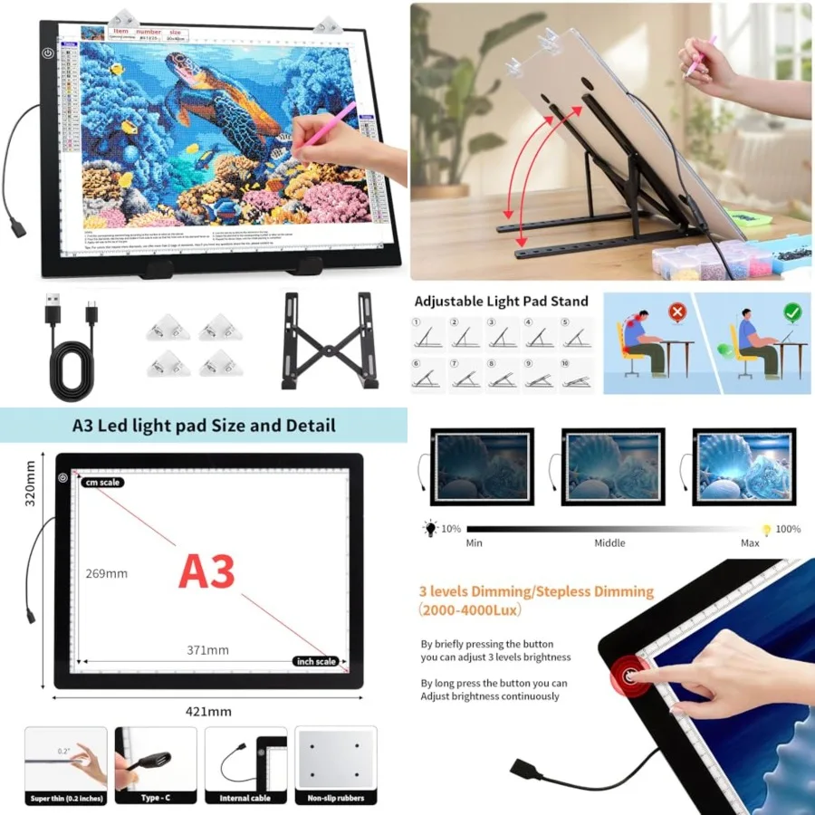 A3 Light Pad for Diamond Painting Kit, 4800Lux Super Bright 5mm Ultra Thin Diamond Art Light Board with Stand and Clip, 3 Level
A3 Light Pad for Diamond Painting Kit, 4800Lux Super Bright 5mm Ultra Thin Diamond Art Light Board with Stand and Clip, 3 Level