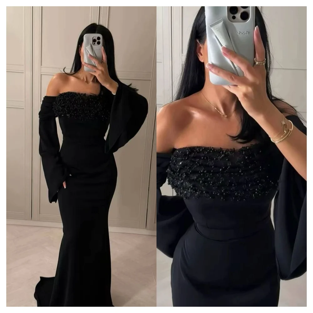 Customized Mermaid Elegant Black Jersey Evening Dress Modern Boat Neck Off the Shoulder Long Sleeves Party Dress Simple Prom Dre
Customized Mermaid Elegant Black Jersey Evening Dress Modern Boat Neck Off the Shoulder Long Sleeves Party Dress Simple Prom Dre