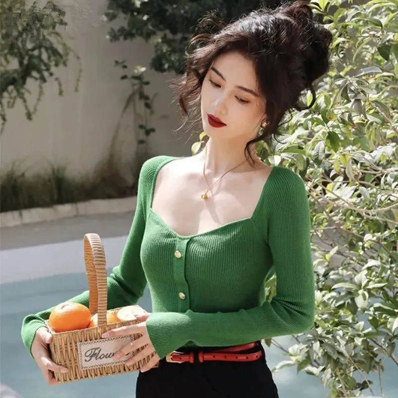 Women's Square Collar Long Sleeve Sweater, Ribbed Knit Top, Slim Pullover, Tight, Elegant, Korean Fashion, Autumn, New
Women's Square Collar Long Sleeve Sweater, Ribbed Knit Top, Slim Pullover, Tight, Elegant, Korean Fashion, Autumn, New