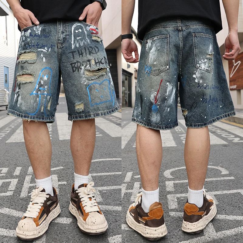 Summer American high-end trend graffiti print hole jeans short loose all-matching men's pants
Summer American high-end trend graffiti print hole jeans short loose all-matching men's pants