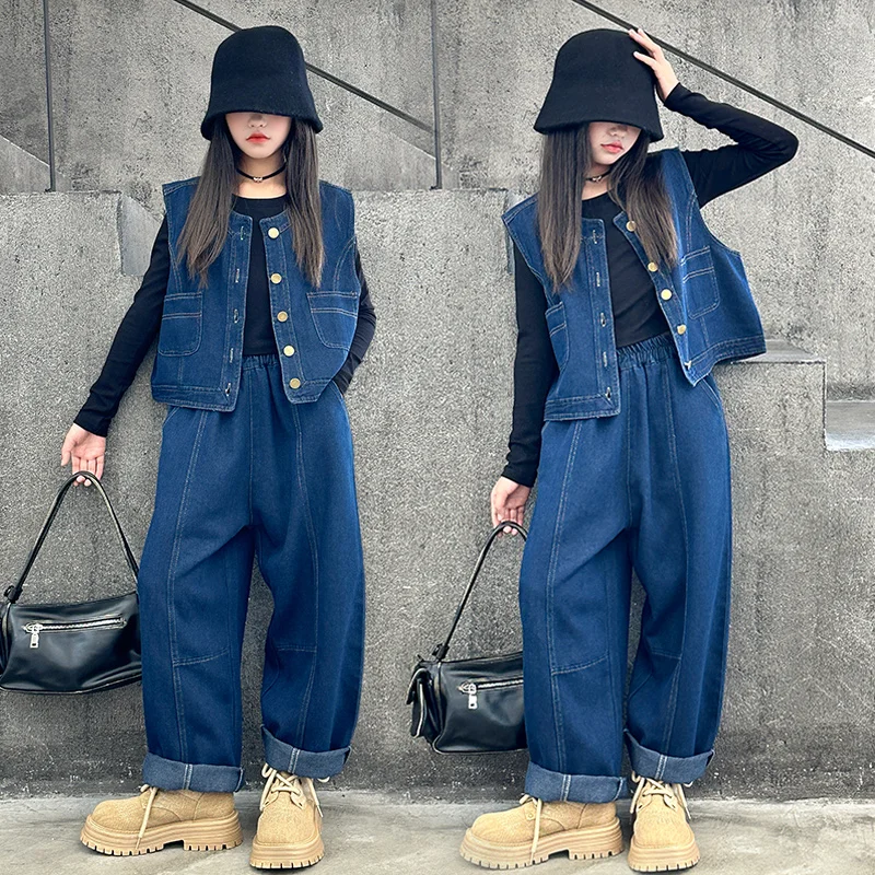 10 12 14 junior girls denim clothes suit Cowboy vest+black t-shirt+Casual wide leg pants 3pcs teenage kids suit children outfits
10 12 14 junior girls denim clothes suit Cowboy vest+black t-shirt+Casual wide leg pants 3pcs teenage kids suit children outfits