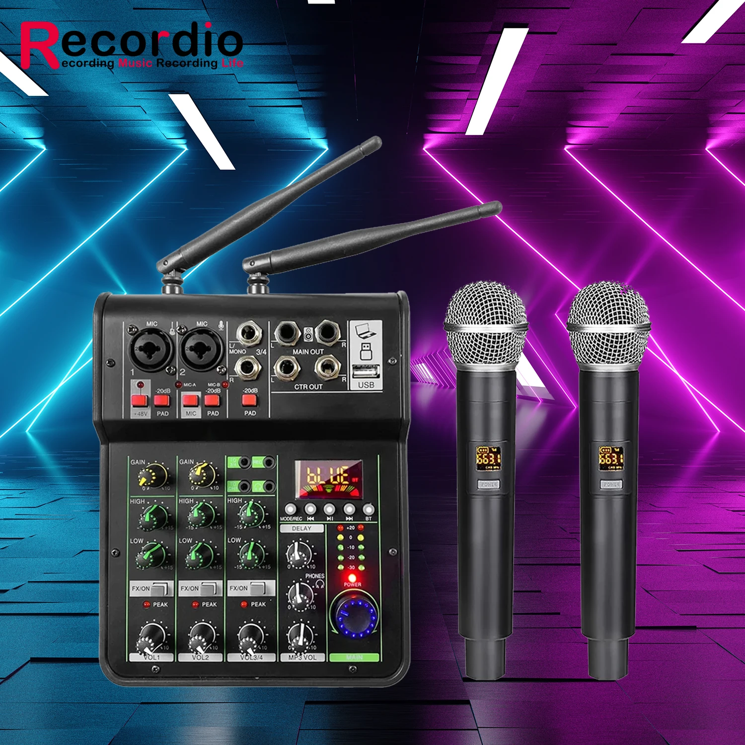 GAX-450B Recordio UHF wireless microphone 4 channel DJ Mixer live MP3 studio Mini KTV Audio mixer USB sound mixing console
GAX-450B Recordio UHF wireless microphone 4 channel DJ Mixer live MP3 studio Mini KTV Audio mixer USB sound mixing console