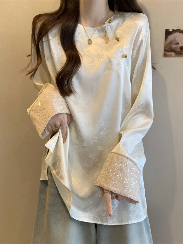 New Chinese Style Satin Shirt Women's Spring Autumn Large Size Fat MM Slimming High Design Sense Retro Button up Top
New Chinese Style Satin Shirt Women's Spring Autumn Large Size Fat MM Slimming High Design Sense Retro Button up Top