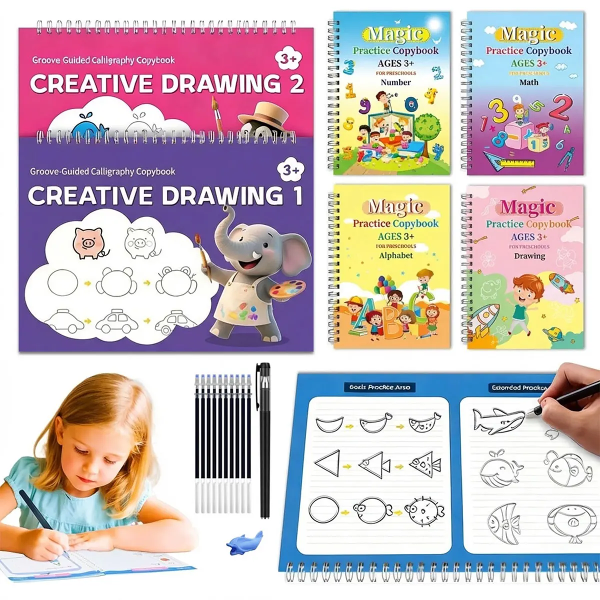 Magic Grooved Writing Practice Books Reusable 3D Handwriting Workbooks with Disappearing Ink Large Preschool Writing Books Kits
Magic Grooved Writing Practice Books Reusable 3D Handwriting Workbooks with Disappearing Ink Large Preschool Writing Books Kits