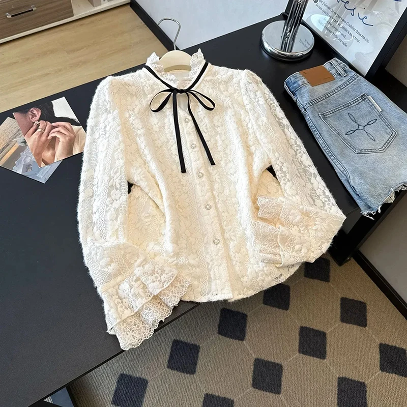 Милая женская рубашка с длинным рукавом и галстуком-бабочкой, корейская роскошная блузка на кружевной основе, весенняя новая однобортная офисная женская рубашка с воротником-стойкой, топ
Милая женская рубашка с длинным рукавом и галстуком-бабочкой, корейская роскошная блузка на кружевной основе, весенняя новая однобортная офисная женская рубашка с воротником-стойкой, топ