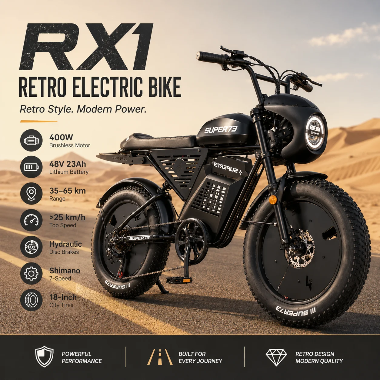RX1 Retro Style electric bike 18 Inch City Tire 400W Motor e bike 48V 23Ah Lithium Battery Mid Suspension 7 Speed bike electric
RX1 Retro Style electric bike 18 Inch City Tire 400W Motor e bike 48V 23Ah Lithium Battery Mid Suspension 7 Speed bike electric