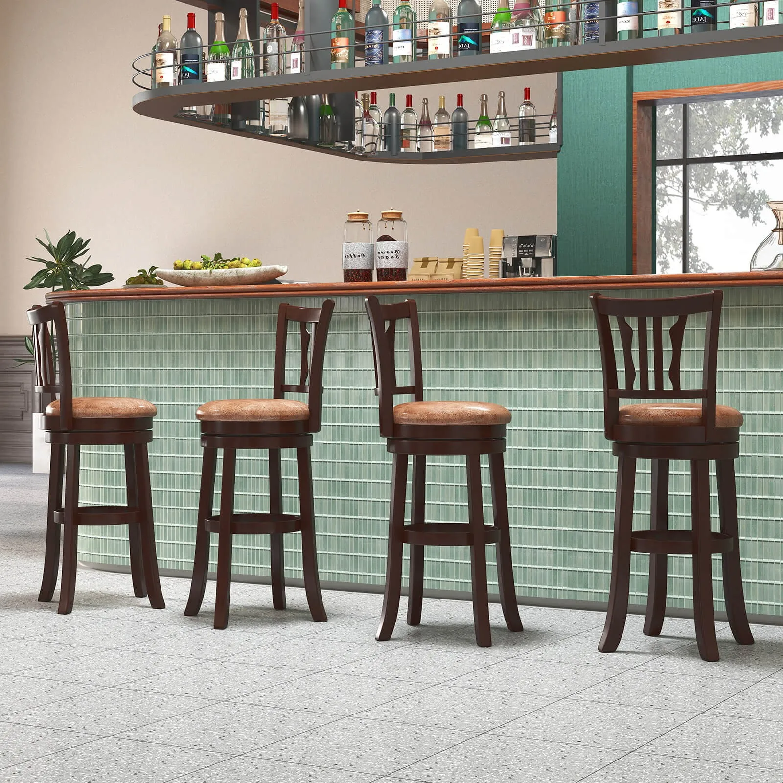 30” Bar Height Swivel Bar Stools Set of 4 w/Back & Faux Leather Seat
30” Bar Height Swivel Bar Stools Set of 4 w/Back & Faux Leather Seat