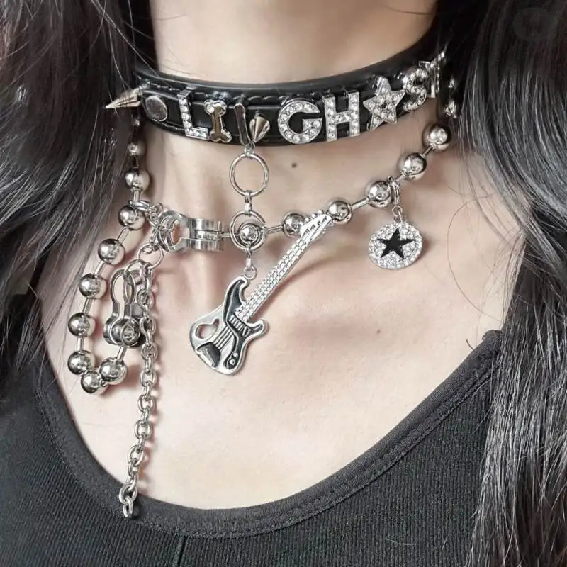 Grunge Jewelry Guitar Pendant Necklace Punk Charms Beaded Chains Chooker Cool Goth Accessory Star Necklace For Women
Grunge Jewelry Guitar Pendant Necklace Punk Charms Beaded Chains Chooker Cool Goth Accessory Star Necklace For Women