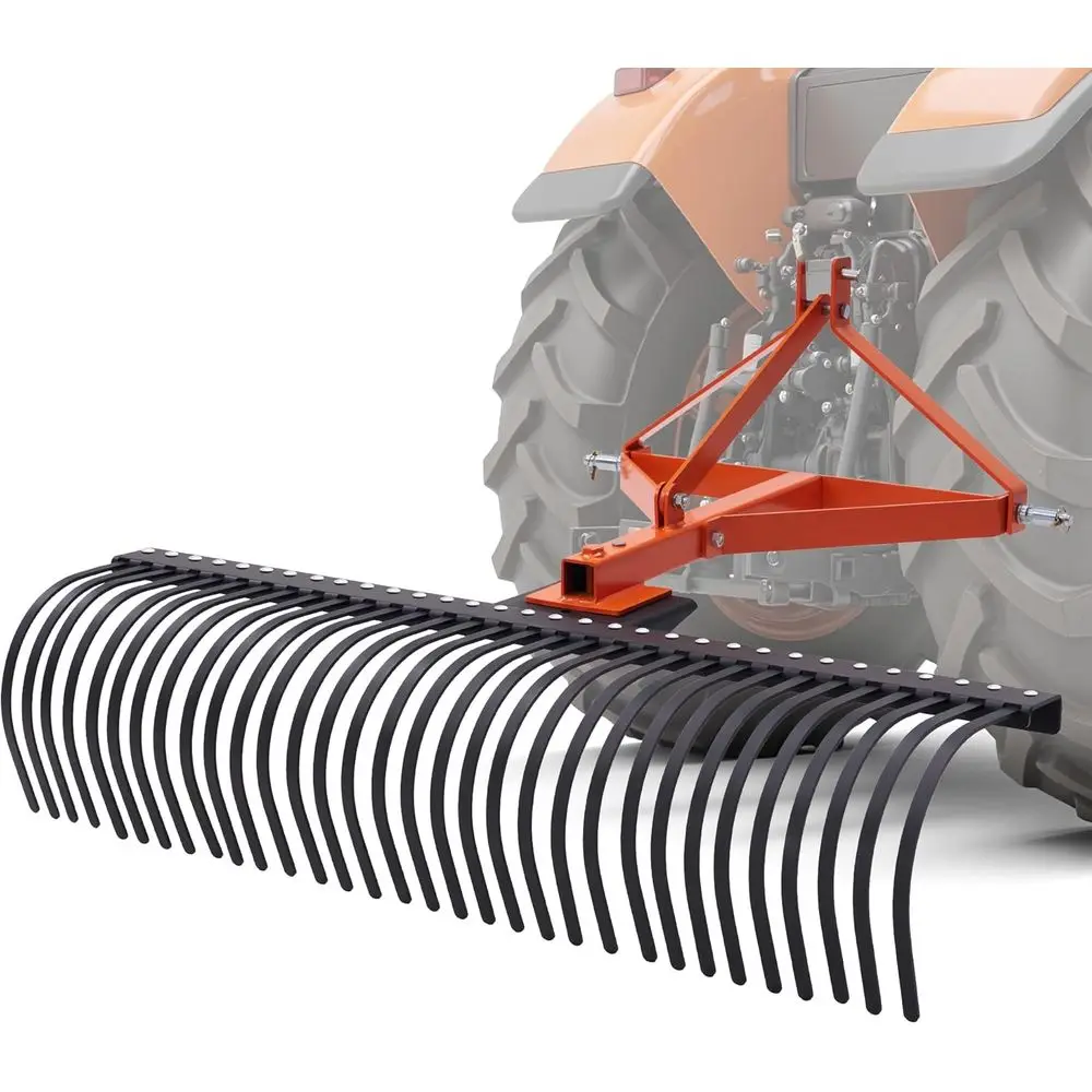60 3-Point Tow Behind Rake with 32 Steel Tines for Lawn and Field Cleanup
60 3-Point Tow Behind Rake with 32 Steel Tines for Lawn and Field Cleanup