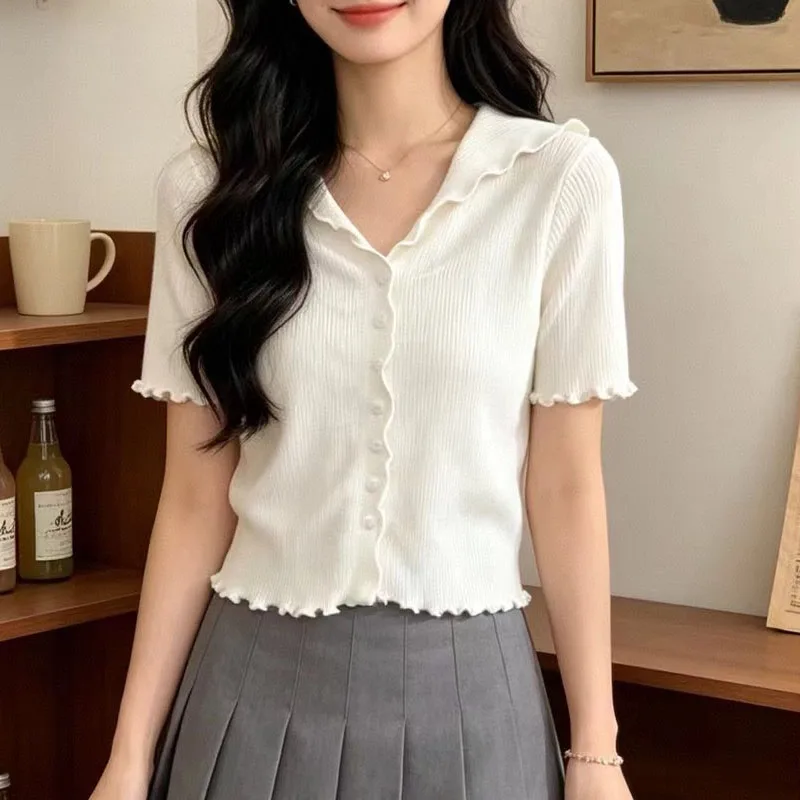 Sueter Feminino Turn Down Collar Knitted Sweater Women Pullovers New Summer Short Sleeve Knit Sweater Pullover Women Tops Q4381
Sueter Feminino Turn Down Collar Knitted Sweater Women Pullovers New Summer Short Sleeve Knit Sweater Pullover Women Tops Q4381