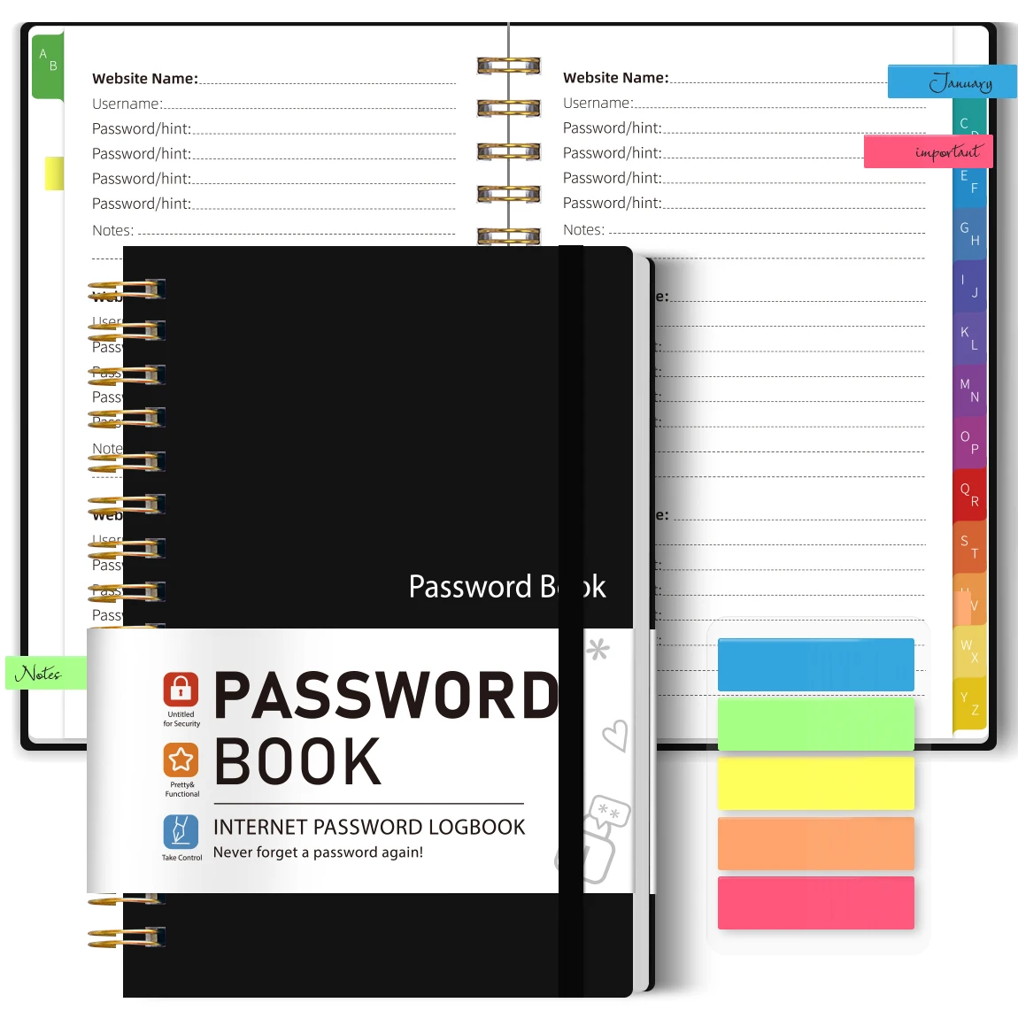 1PC Password Book with Alphabetical Tabs, Internet Password Logbook, Spiral Account Organizer Notebook with Elastic Band, Black
1PC Password Book with Alphabetical Tabs, Internet Password Logbook, Spiral Account Organizer Notebook with Elastic Band, Black