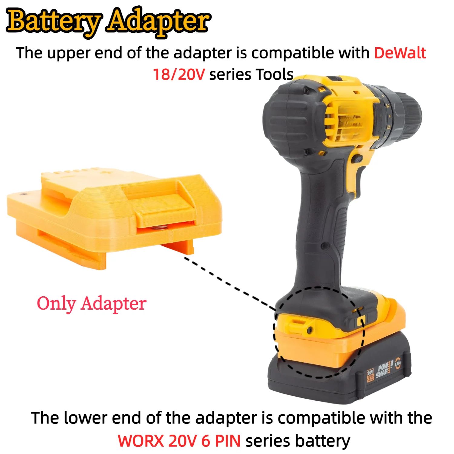 Battery Adapter/Converter for WORX 20V 6 PIN Li-ion Battery TO DeWalt 18/20V Cordless Drill Tools Accessory(Only Adapter)
Battery Adapter/Converter for WORX 20V 6 PIN Li-ion Battery TO DeWalt 18/20V Cordless Drill Tools Accessory(Only Adapter)