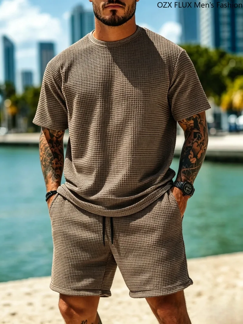 Summer Men Waffle Textured Outfit Solid Color Crew Neck Short Sleeve T-Shirt and Elastic Shorts Two Piece Beach Loungewear
Summer Men Waffle Textured Outfit Solid Color Crew Neck Short Sleeve T-Shirt and Elastic Shorts Two Piece Beach Loungewear