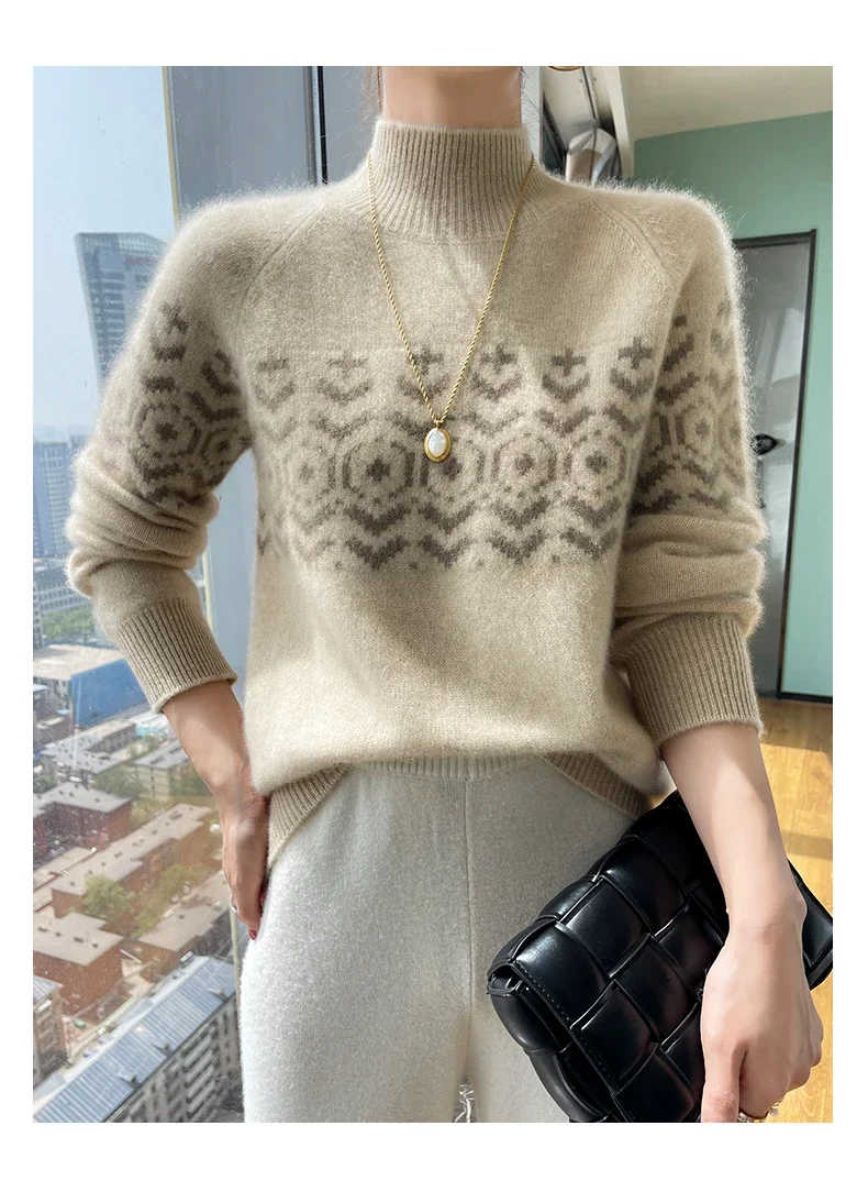 Women's 100% Pure Cashmere Sweater Jacquard Thick Knitted Loose Bottom High Neck Sweater for Autumn And Winter New Arrival
Women's 100% Pure Cashmere Sweater Jacquard Thick Knitted Loose Bottom High Neck Sweater for Autumn And Winter New Arrival