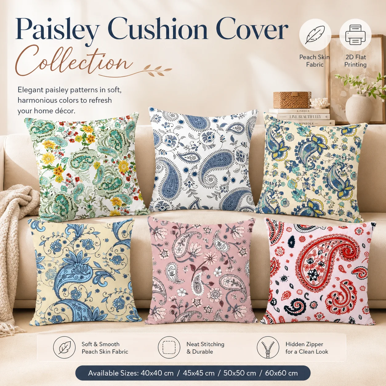 Elegant Floral Paisley Pillow Cover 2D Flat Printed Soft Peach Skin Decorative Cushion Case for Couch Chair Living Room Decor
Elegant Floral Paisley Pillow Cover 2D Flat Printed Soft Peach Skin Decorative Cushion Case for Couch Chair Living Room Decor