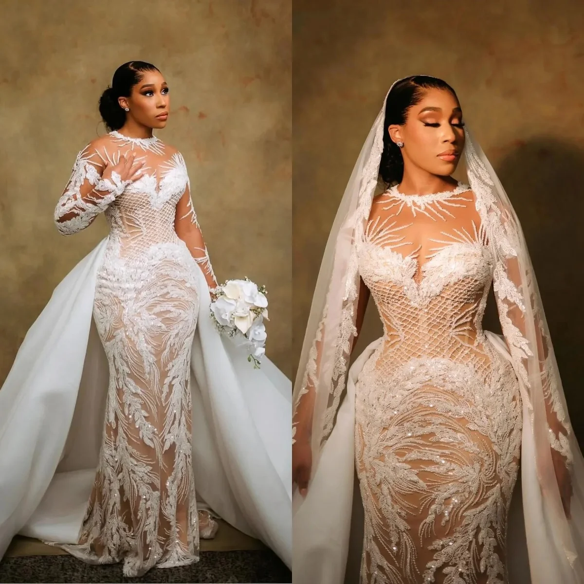 Fashion Wedding Dresses Sequins Appliques Mermaid Bridal Gowns Overskirts Illusion Long Sleeves Customized Vestidos De Novia
Fashion Wedding Dresses Sequins Appliques Mermaid Bridal Gowns Overskirts Illusion Long Sleeves Customized Vestidos De Novia