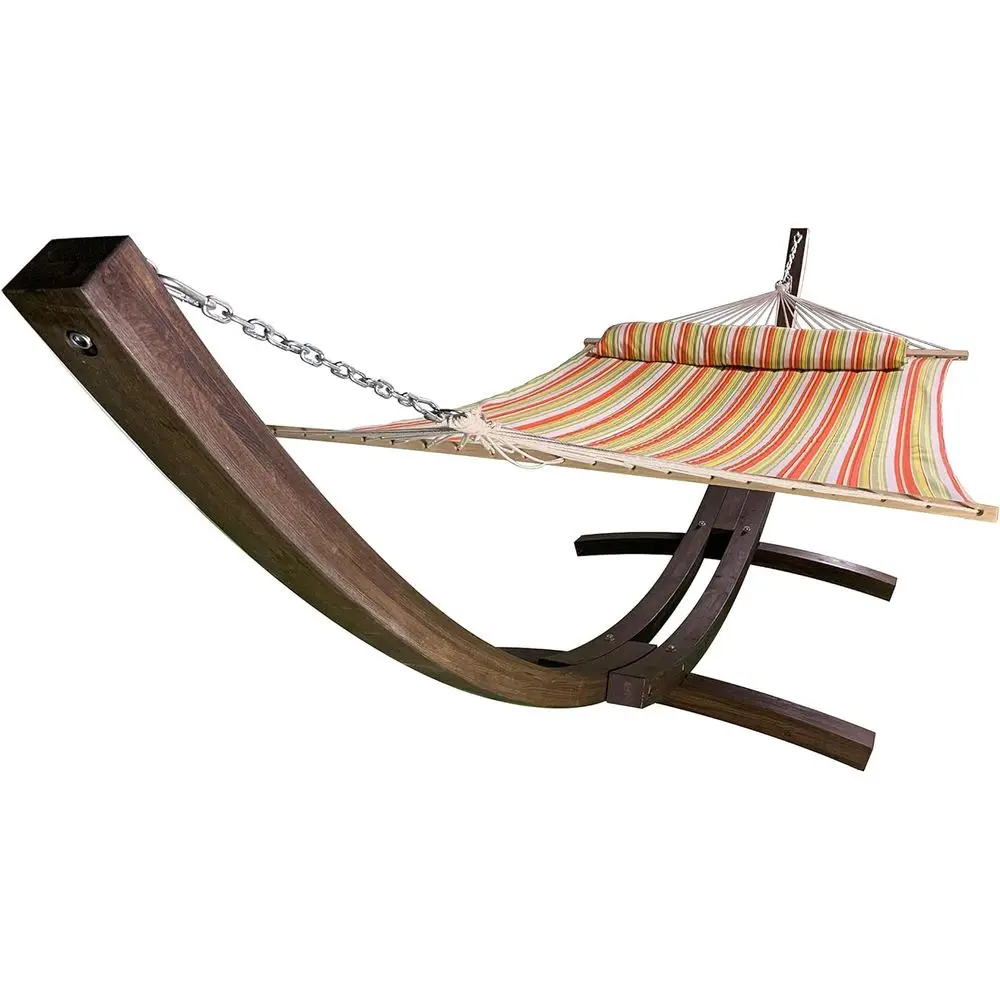 Two Person Wooden Arc Hammock Stand with Deluxe Double Padded Bed and Pillow, 450 LB Weight Capacity, Coffee Stain/Spring Stripe
Two Person Wooden Arc Hammock Stand with Deluxe Double Padded Bed and Pillow, 450 LB Weight Capacity, Coffee Stain/Spring Stripe