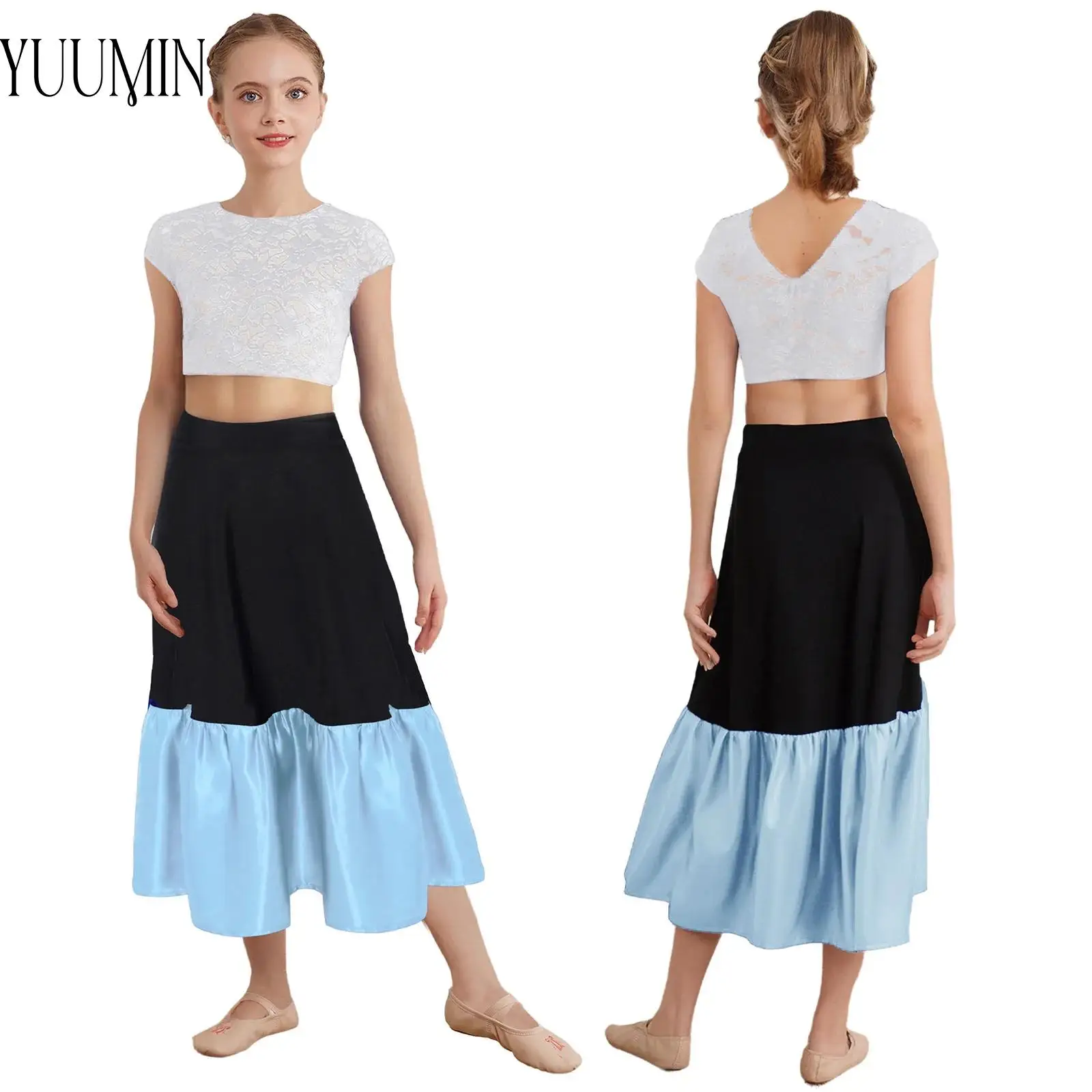 Kids Girls Flamenco Dance Performance Costume Cap Sleeves V-Back Floral Lace Crop Top with Elastic Waistband Ruffled Hem Skirts
Kids Girls Flamenco Dance Performance Costume Cap Sleeves V-Back Floral Lace Crop Top with Elastic Waistband Ruffled Hem Skirts
