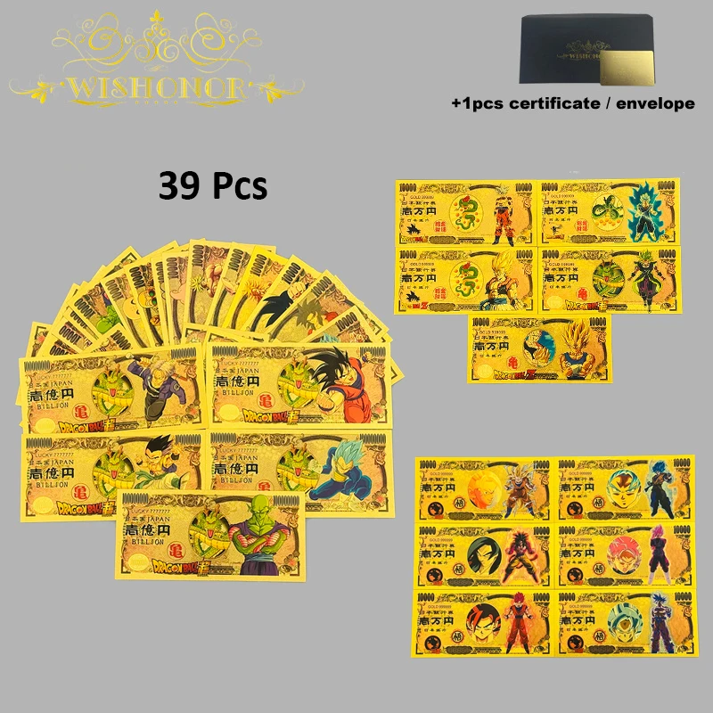 Bandai 39 Types Hot Sale Dragon Ball Banknote Anime Gold Banknote in 24k Gold Plated For Collection
Bandai 39 Types Hot Sale Dragon Ball Banknote Anime Gold Banknote in 24k Gold Plated For Collection