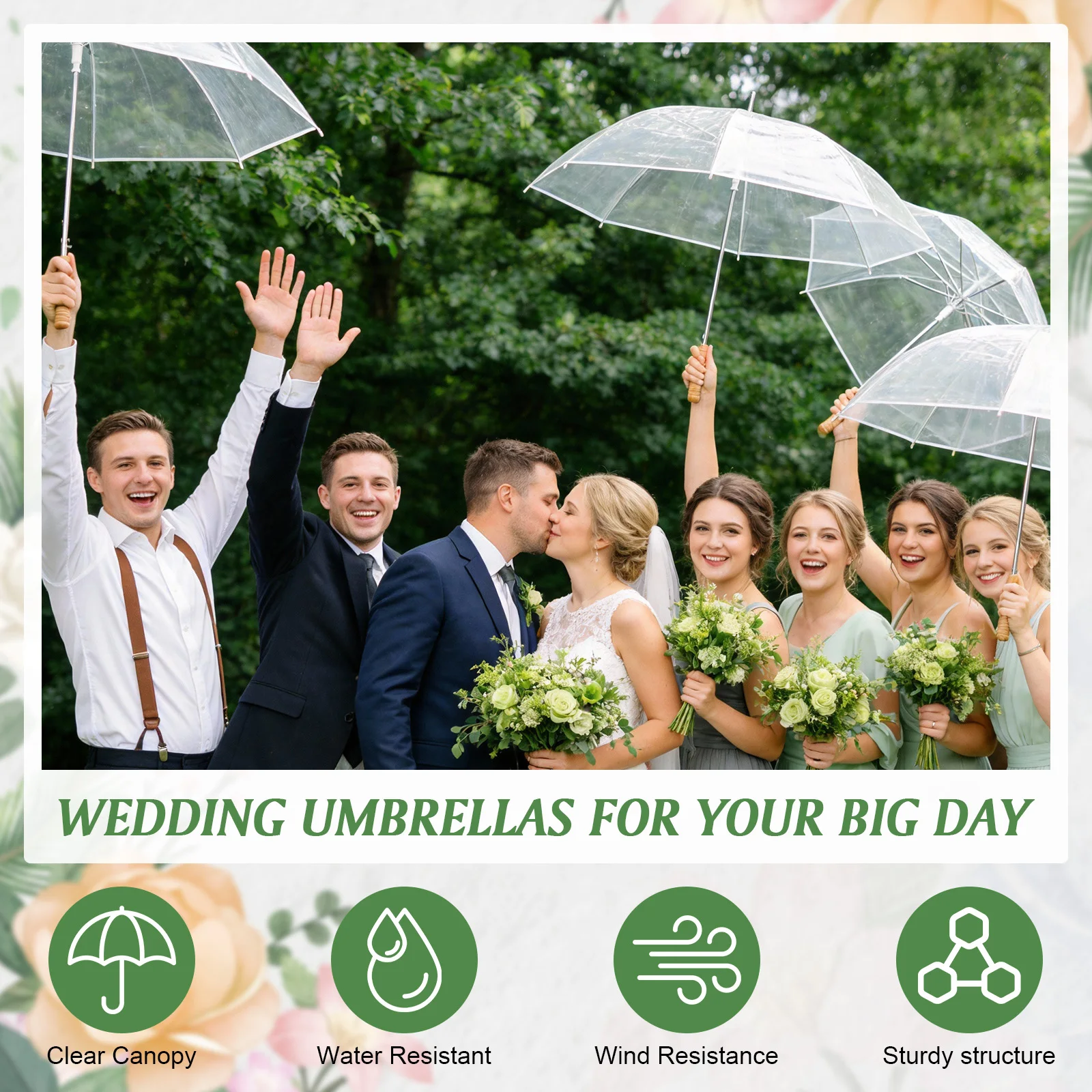 50 Pack Wedding Stick Umbrellas Windproof Waterproof Clear Umbrellas for Wedding with Wooden Handle with Thank You Tags and Rope
50 Pack Wedding Stick Umbrellas Windproof Waterproof Clear Umbrellas for Wedding with Wooden Handle with Thank You Tags and Rope