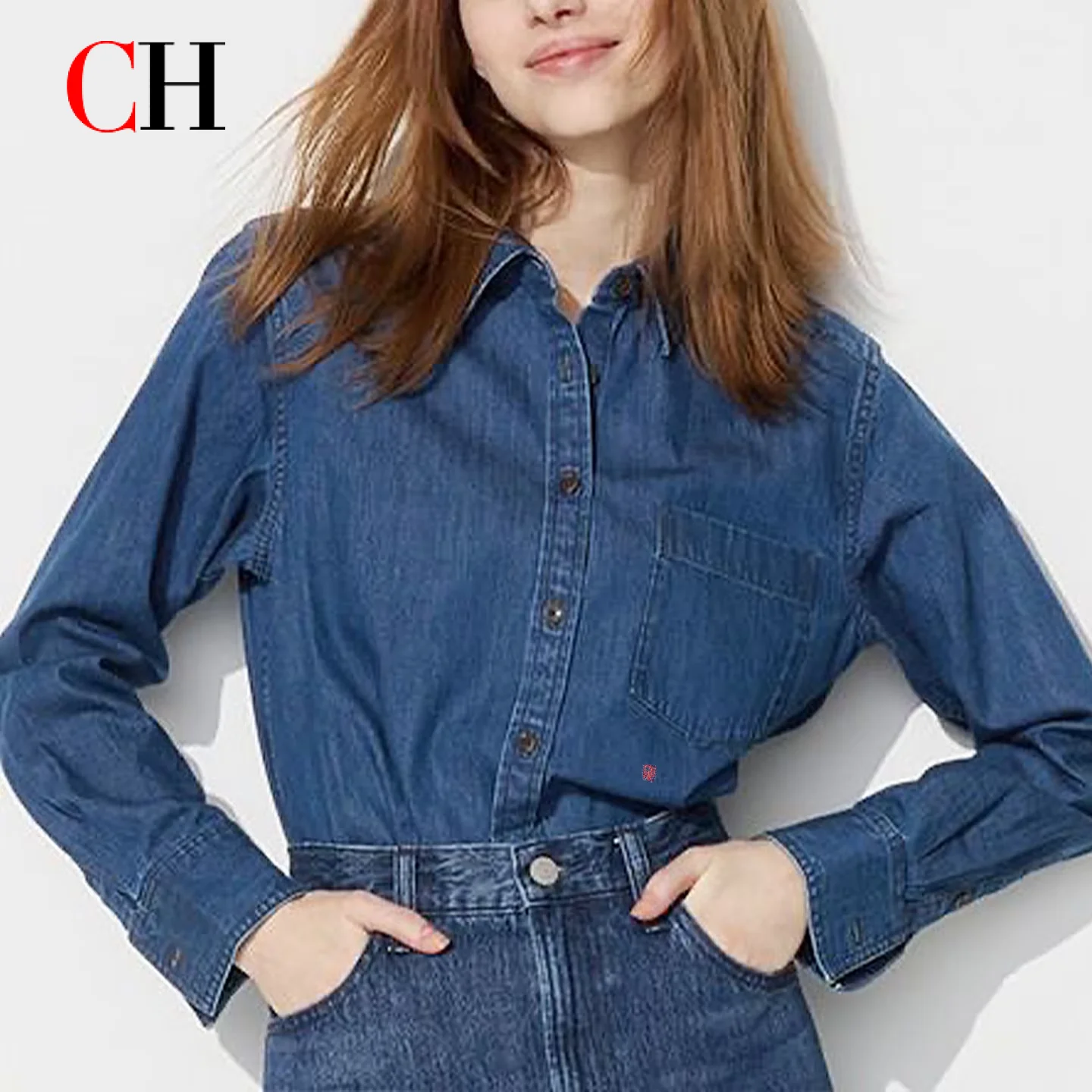 CH Letter Embroidered Solid Color Denim Long Sleeve Shirt Women Point Collar Regular Fit Vintage American Style Casual Tops
CH Letter Embroidered Solid Color Denim Long Sleeve Shirt Women Point Collar Regular Fit Vintage American Style Casual Tops