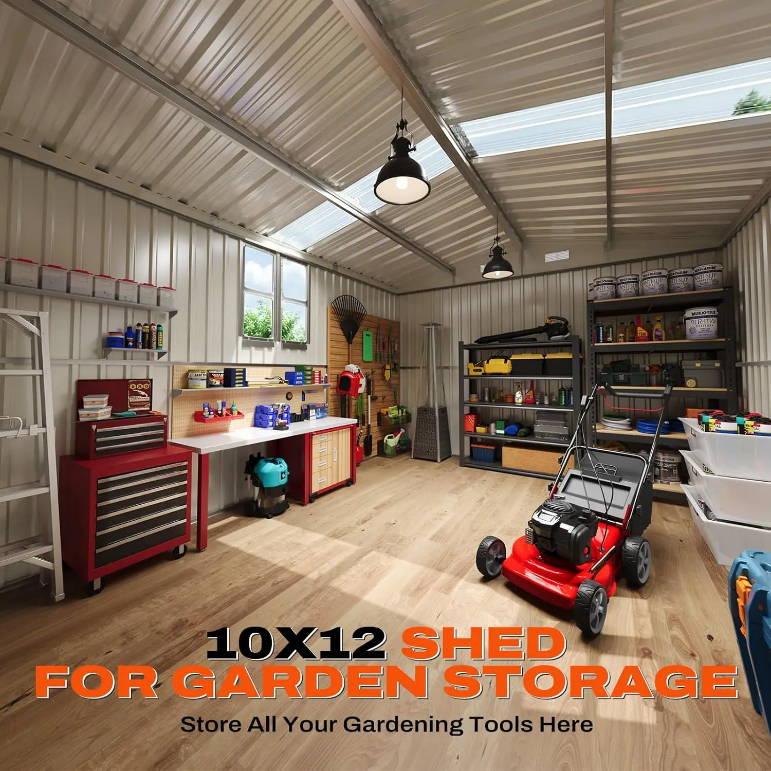 Large 10x12 FT Outdoor Storage Shed, Metal Workshop with Skylight & 4 Windows, Waterproof Utility Shed for Ride-on, Customized
Large 10x12 FT Outdoor Storage Shed, Metal Workshop with Skylight & 4 Windows, Waterproof Utility Shed for Ride-on, Customized