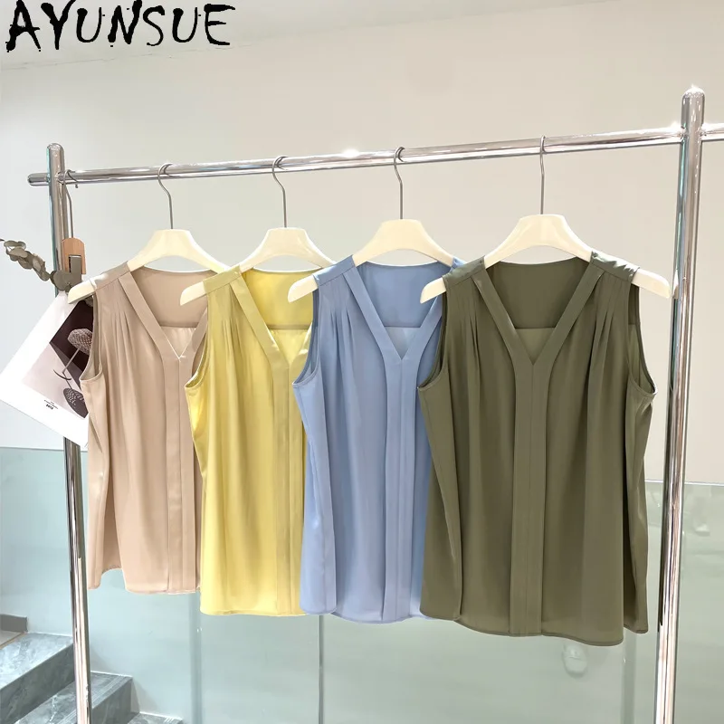 AYUNSUE Женские блузки и рубашки из натурального шелка тутового шелкопряда, топы без рукавов для женщин, однотонная блузка с V-образным вырезом, женская одежда
AYUNSUE Женские блузки и рубашки из натурального шелка тутового шелкопряда, топы без рукавов для женщин, однотонная блузка с V-образным вырезом, женская одежда