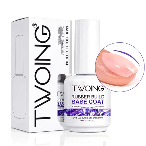 TWOING Rubber Base Coat & No Wipe Top Coat Set 15ml+15ml, Builder Base Gel, Diamond Shine, UV LED Soak Off, Long-Lasting