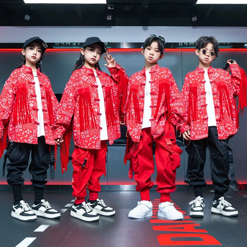 Chinese Style Children Jazz Dance Performance Costumes For Girls Red Tassel Jacket Cargo Pants Boys Hip Hop Clothing DQS14747
Chinese Style Children Jazz Dance Performance Costumes For Girls Red Tassel Jacket Cargo Pants Boys Hip Hop Clothing DQS14747