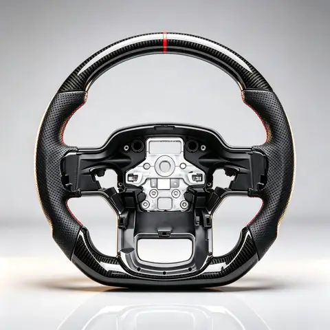 Custom Real Carbon Fiber Flat Bottom Steering Wheel Fit for Ford F150 Raptor 2021-2025, Track Racing Style Perforated Leather Grip Direct OEM Replacement Car Interior Mod Upgrade