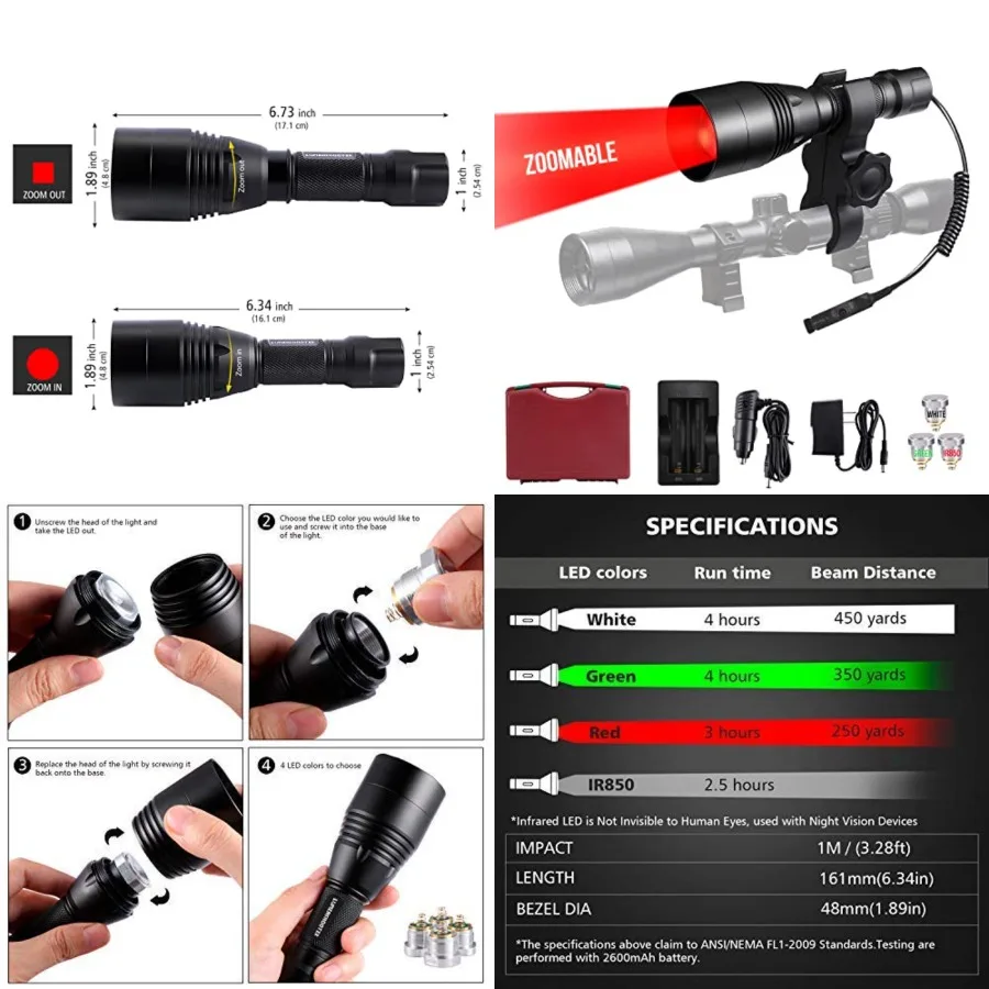 A8Plus Long Range Zoomable Hunting Flashlight Spotlight Kit, Green Red White Infrared 850nm IR Interchangeable LED Modules, Pre
A8Plus Long Range Zoomable Hunting Flashlight Spotlight Kit, Green Red White Infrared 850nm IR Interchangeable LED Modules, Pre