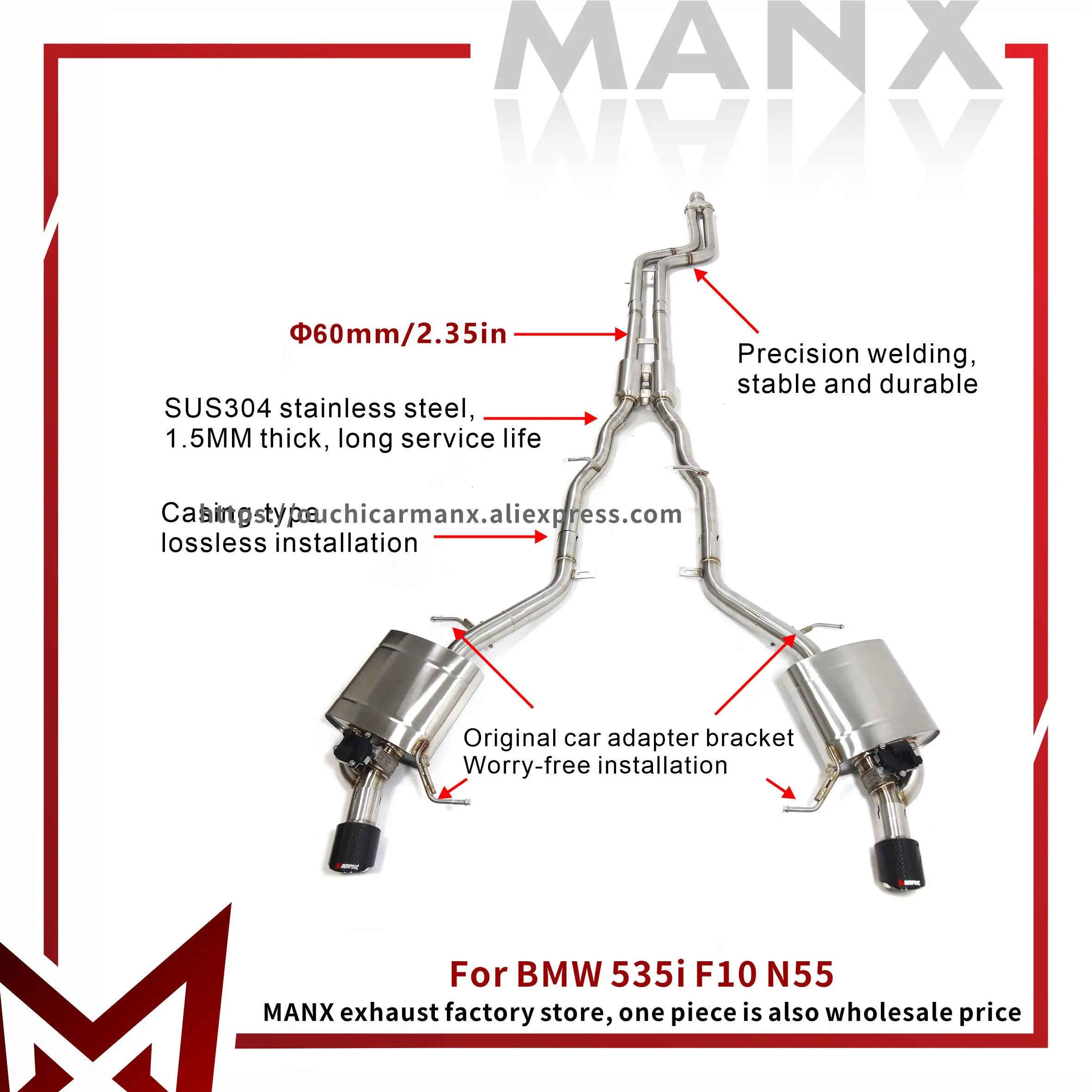 MANX Catback for BMW 535i F10 N55 Stainless steel Performance Exhaust pipe Muffler with remote control valve
MANX Catback for BMW 535i F10 N55 Stainless steel Performance Exhaust pipe Muffler with remote control valve