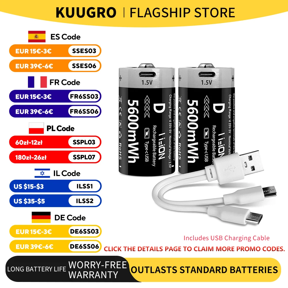 kuugro USB D Size Rechargeable Battery 1.5V 5600mW LR20 Lithium-ion D-Cell Battery for Gas Cooker Water Heater Flashlight Radios
kuugro USB D Size Rechargeable Battery 1.5V 5600mW LR20 Lithium-ion D-Cell Battery for Gas Cooker Water Heater Flashlight Radios