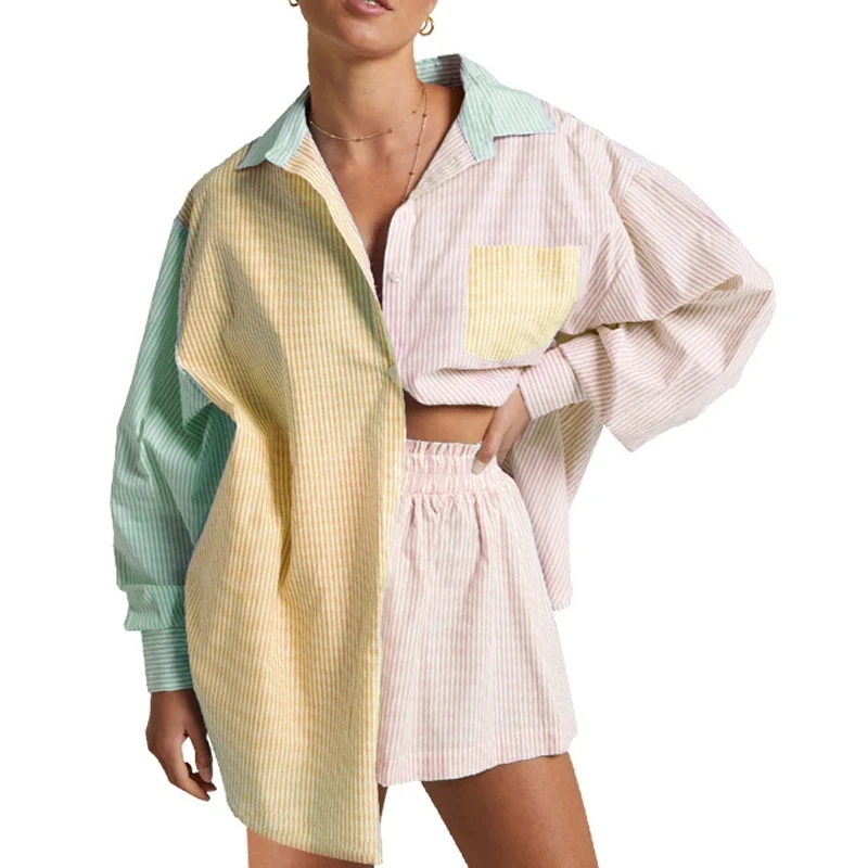 Sleepwear for Women Long Sleeve Shirt With Mini Shorts Striped Two Pieces Pajamas Sets Casual Home Suit Fashion Ladies Outfits
Sleepwear for Women Long Sleeve Shirt With Mini Shorts Striped Two Pieces Pajamas Sets Casual Home Suit Fashion Ladies Outfits