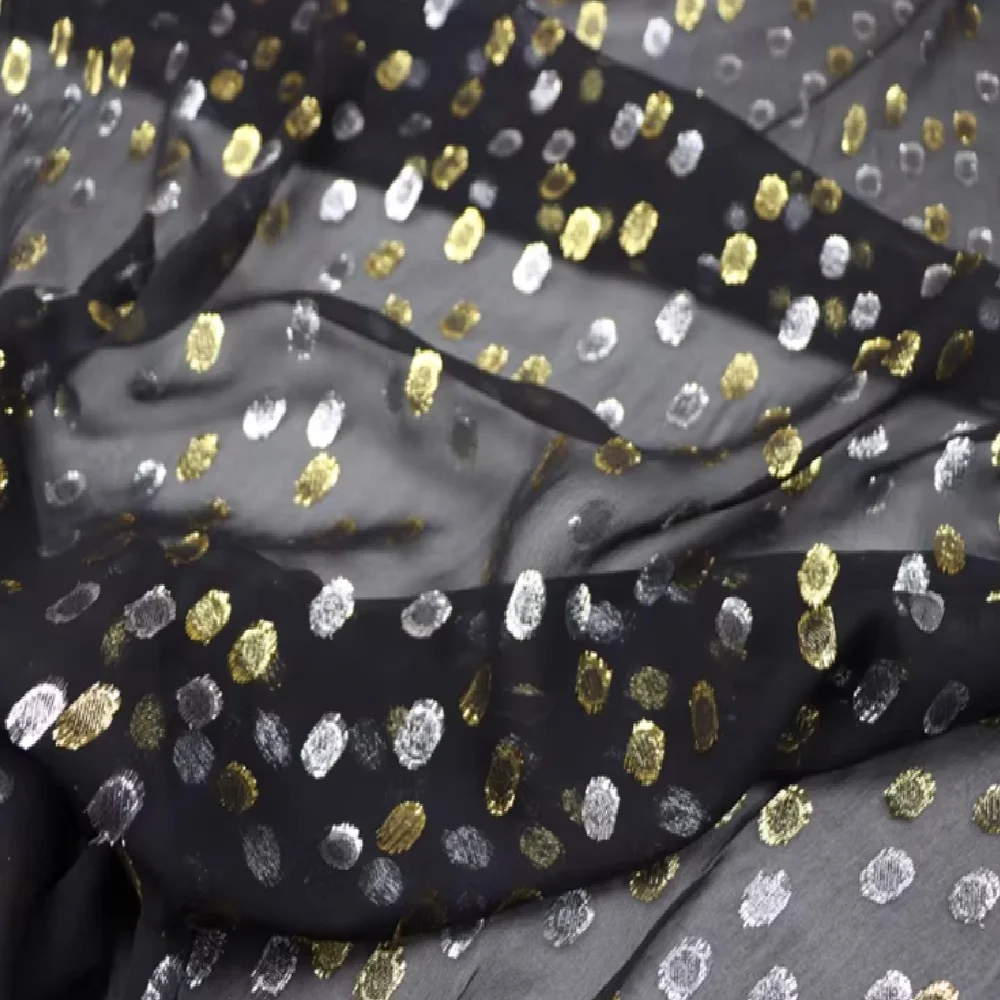 Newest Classic Gold Silver Dots Shiny Silk Lurex Metallic Fabric in Black for Party Sparkle Queen Style Clothes Sari Dress
Newest Classic Gold Silver Dots Shiny Silk Lurex Metallic Fabric in Black for Party Sparkle Queen Style Clothes Sari Dress