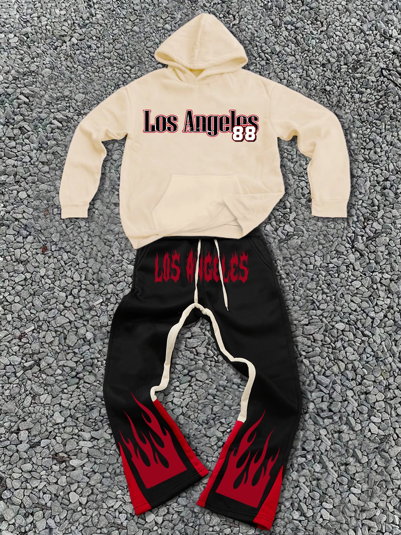 Men's Autumn and Winter Los Angeles Flame Element Suit Off-White Hooded Sweatshirt and Black and Red Flame Casual Pants Two-Piece Set
Men's Autumn and Winter Los Angeles Flame Element Suit Off-White Hooded Sweatshirt and Black and Red Flame Casual Pants Two-Piece Set